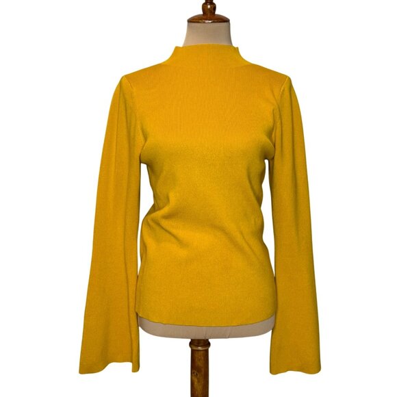 Maeve By Anthropologie Mock Neck Mustard Yellow Bell Sleeve Knit Top Sweater L - Picture 1 of 8